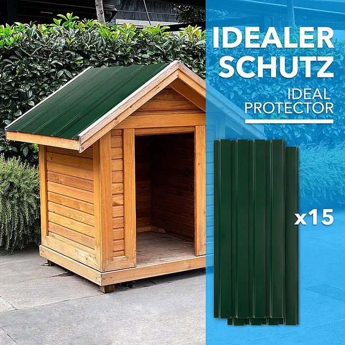 Floordirekt Terrassenüberdachung Trapezblech - 115 x 45 cm - 15er Set - Grün - Blech, Grün - 15 grüne Wellblechplatten, gestapelt gezeigt und als Dach auf einer Holzhundehütte für idealen Schutz.