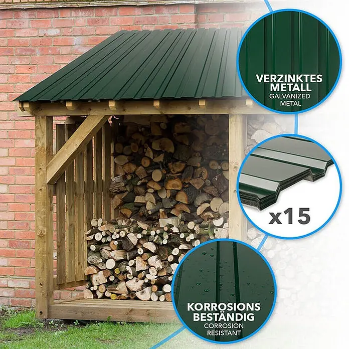 Floordirekt Terrassenüberdachung Trapezblech - 115 x 45 cm - 15er Set - Grün - Blech, Grün - Ein hölzerner Brennholzunterstand mit grünem Wellblechdach, gefüllt mit Brennholz. Das Dach ist verzinkt und korrosionsbeständig.