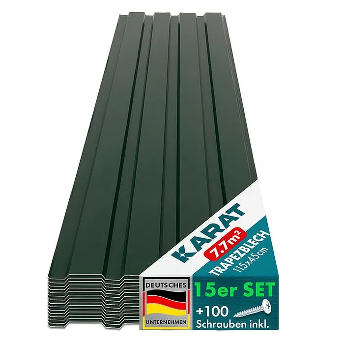 Floordirekt Terrassenüberdachung Trapezblech - 115 x 45 cm - 15er Set - Grün - Blech, Grün - Stapel aus 15 dunkelgrünen Trapezblechen, je 115x45cm, für 7,7m², inkl. 100 Schrauben.