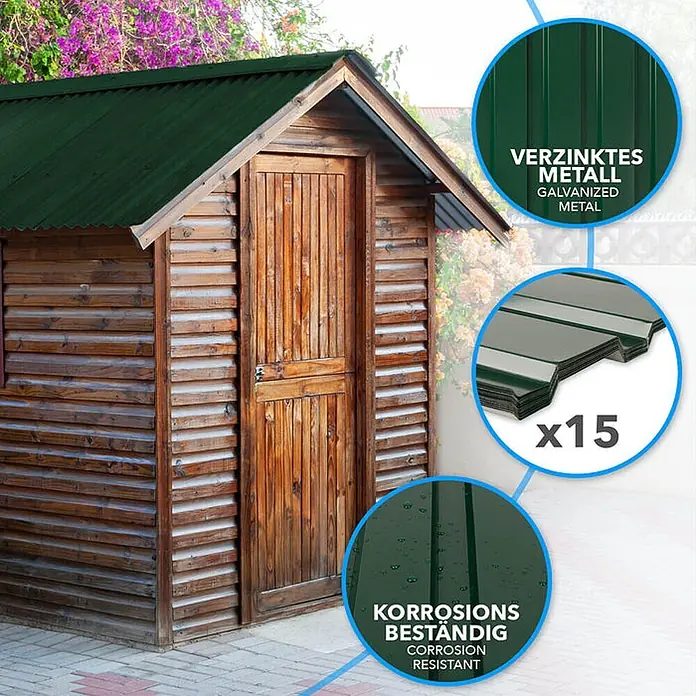 Floordirekt Terrassenüberdachung Trapezblech - 115 x 45 cm - 15er Set - Grün - Blech, Grün - Grüne, verzinkte Wellblechdachplatten auf einem Schuppen, korrosionsbeständig, 15er Pack.