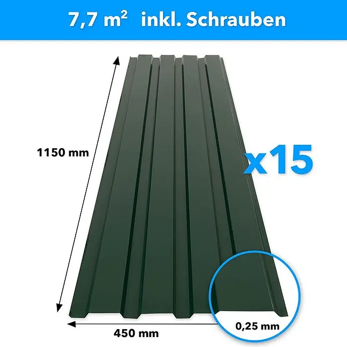 Floordirekt Terrassenüberdachung Trapezblech - 115 x 45 cm - 15er Set - Grün - Blech, Grün - Fünfzehn dunkelgrüne Trapezbleche, 1150x450mm, 0,25mm dick, insgesamt 7,7m².