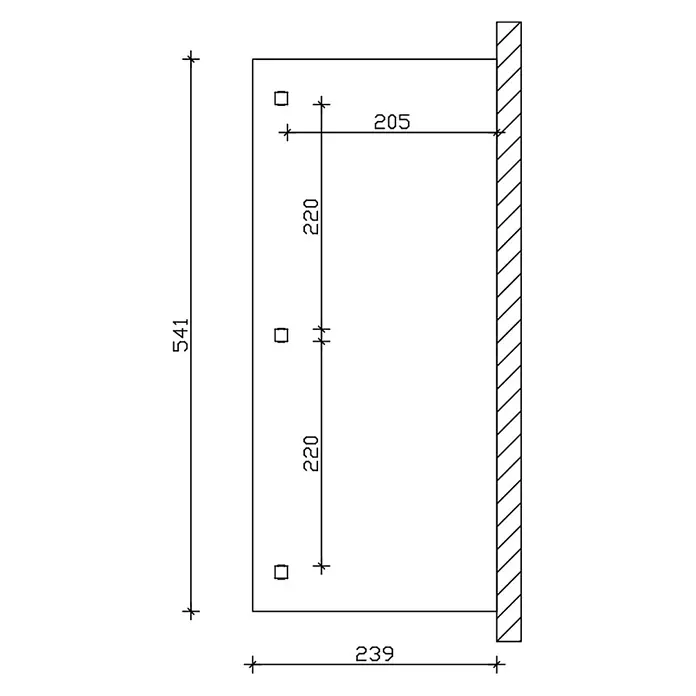 SKAN HOLZ Terrassenüberdachung Venezia - B x T: 541 x 239 cm, Natur, Polycarbonat, Transparent - Technische Zeichnung mit Maßen für eine rechteckige Montageplatte mit drei quadratischen Löchern, an einer Wand befestigt.