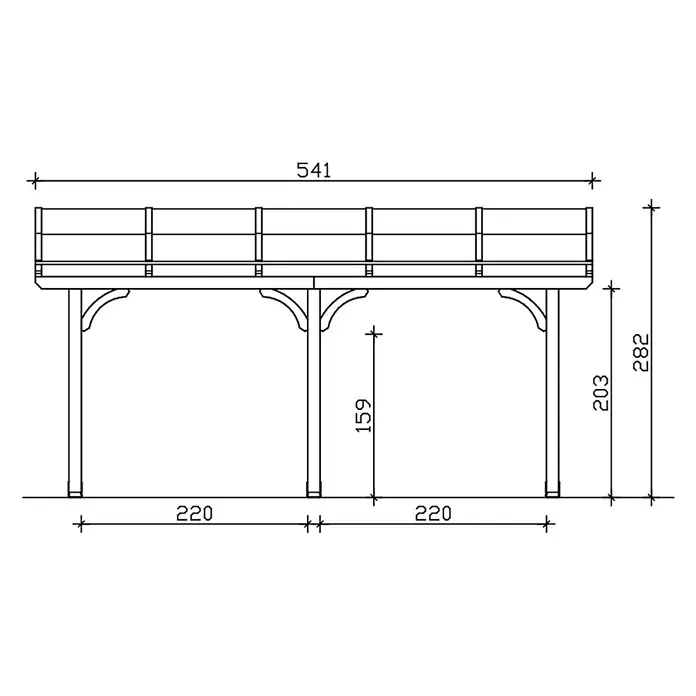 SKAN HOLZ Terrassenüberdachung Venezia - B x T: 541 x 239 cm, Natur, Polycarbonat, Transparent - Technische Zeichnung einer hölzernen Hochplattform-Stützkonstruktion mit Geländer, Maße darstellend.