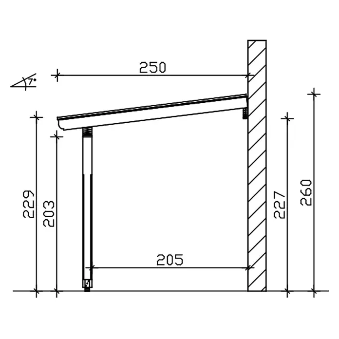 SKAN HOLZ Terrassenüberdachung Rimini - B x T: 541 x 250 cm, Natur, Polycarbonat, Transparent - Seitenansicht einer Pultdachkonstruktion, 250 Einheiten tief, mit 7° Neigung, von einer Stütze getragen.