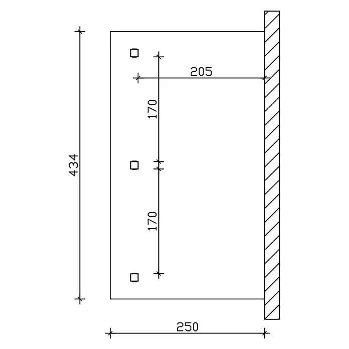 SKAN HOLZ Terrassenüberdachung Rimini - B x T: 434 x 250 cm, Natur, Polycarbonat, Transparent - Technische Zeichnung einer rechteckigen Wandhalterung mit drei quadratischen Löchern, Maße (250x434) und Lochabstände.