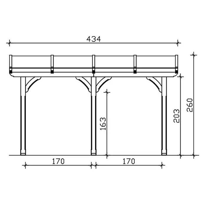 SKAN HOLZ Terrassenüberdachung Rimini - B x T: 434 x 250 cm, Natur, Polycarbonat, Transparent - Technische Zeichnung eines Hochbeet-Untergestells mit vier Pfosten, Querstreben und Maßen für Länge und Höhe.