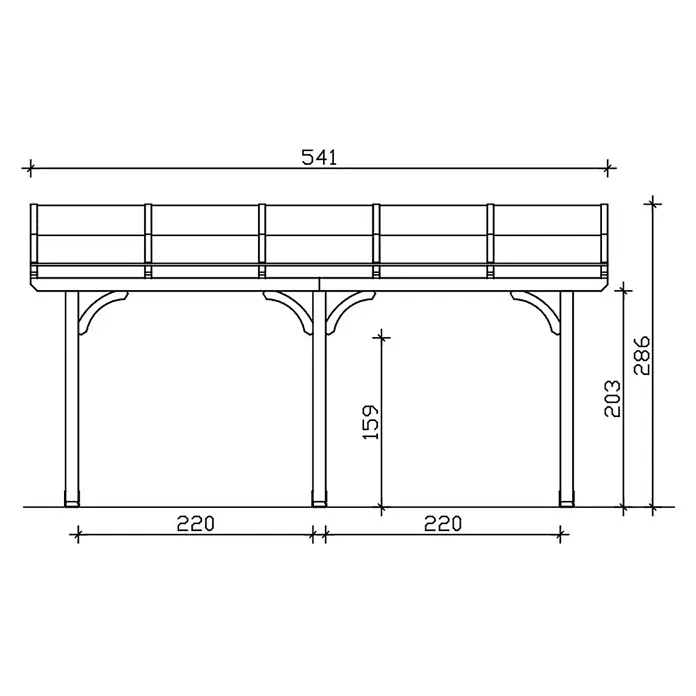 SKAN HOLZ Terrassenüberdachung Venezia - B x T: 541 x 289 cm, Natur, Polycarbonat, Transparent - Technische Zeichnung einer erhöhten Plattform mit Geländer und Stützpfosten, mit Maßen.