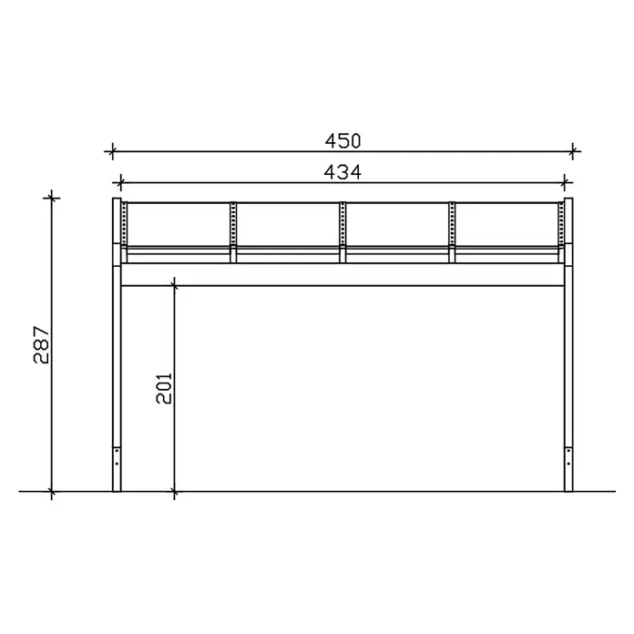 SKAN HOLZ Terrassenüberdachung Novara - B x T: 450 x 359 cm, Schiefergrau, Polycarbonat, Transparent - Technische Zeichnung eines Hochbettgestells mit Sicherheitsgeländer, zeigt Gesamt- und Innenmaße.