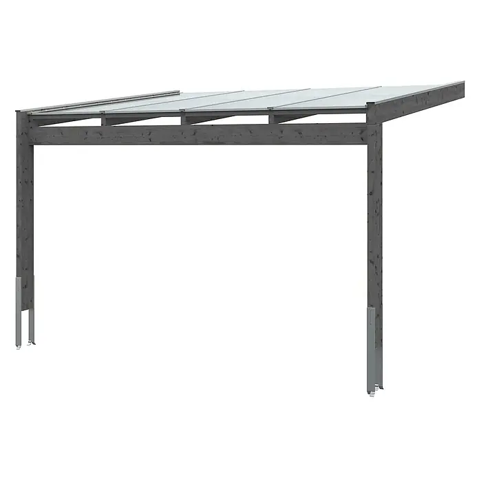 SKAN HOLZ Terrassenüberdachung Novara - B x T: 450 x 359 cm, Schiefergrau, Polycarbonat, Transparent - Dunkelgrauer Holz-Carport mit transparentem Dach, gestützt von zwei Pfosten mit Metallfüßen.