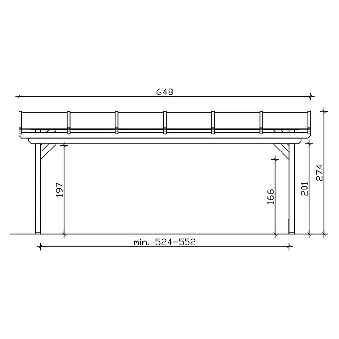 SKAN HOLZ Terrassenüberdachung Sanremo - B x T: 648 x 300 cm, Schiefergrau, Polycarbonat, Transparent - Technische Zeichnung einer Seitenansicht einer Konstruktion mit Pfosten, Balken und Geländer, detailliert mit Gesamtlänge 648 und Höhen 197, 274.