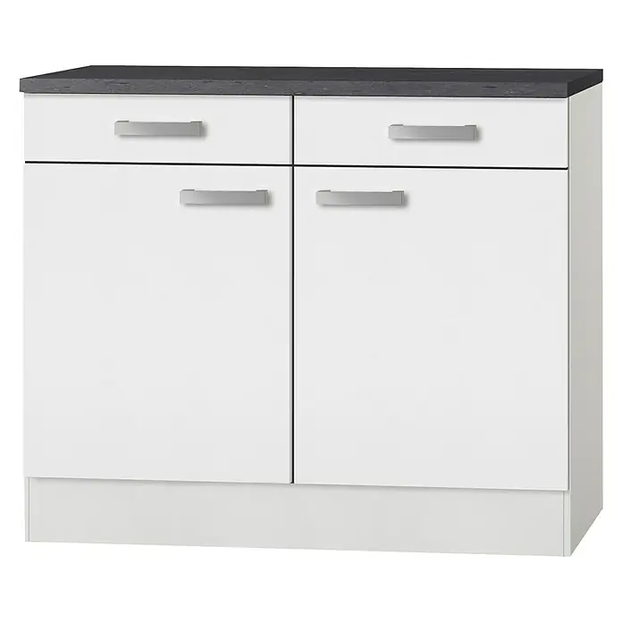 Optifit Oslo Küchen-Unterschrank - 60 x 100 x 84,8 cm, Weiß - Schrank mit weißen Fronten und grauer Arbeitsplatte.