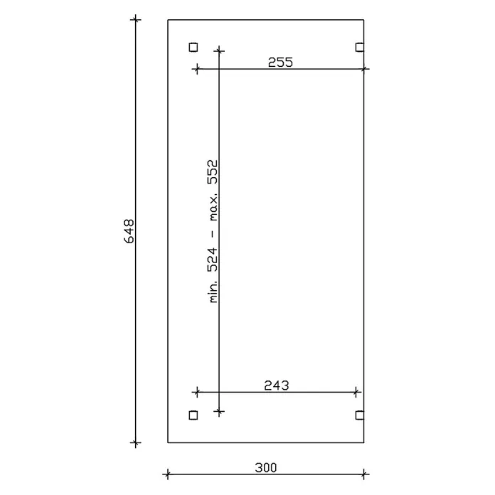 SKAN HOLZ Terrassenüberdachung Sanremo - B x T: 648 x 300 cm, Schiefergrau, Polycarbonat, Transparent - Technische Zeichnung einer rechteckigen Komponente mit vier quadratischen Befestigungspunkten und Abmessungen.
