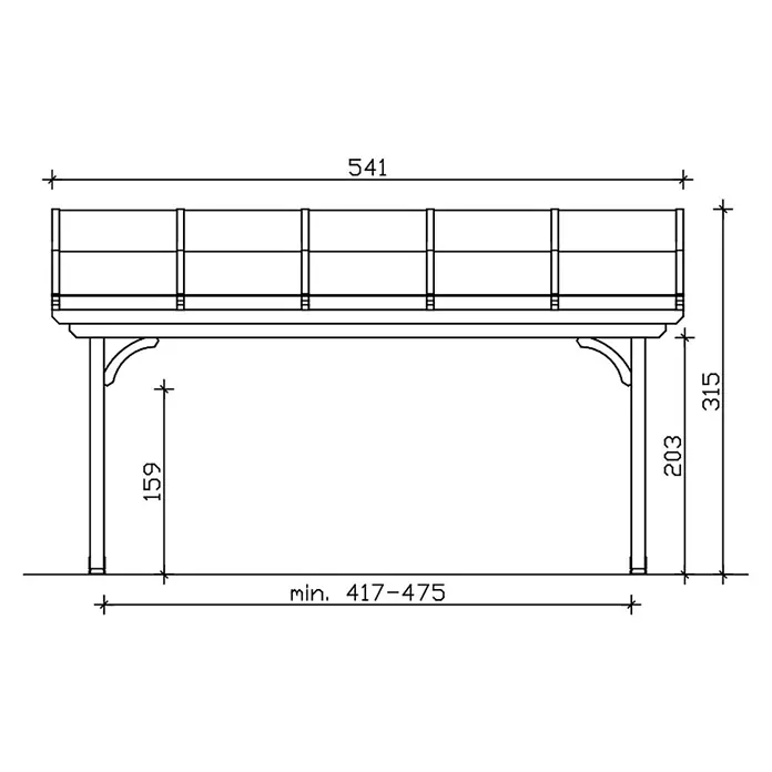 SKAN HOLZ Terrassenüberdachung Verona - B x T: 541 x 339 cm, Eiche hell, Polycarbonat, Transparent - Technische Zeichnung einer erhöhten Plattform mit Geländer, mit Maßen: Länge 541, Gesamthöhe 315, Breitenbereich der Basis 417-475.