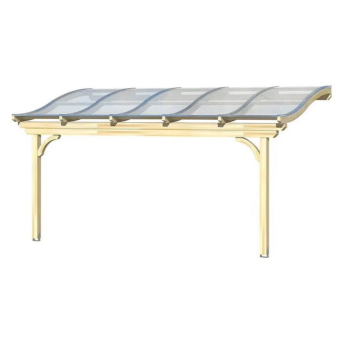 SKAN HOLZ Terrassenüberdachung Verona - B x T: 541 x 389 cm, Natur, Polycarbonat, Transparent - Helle Holzpergola mit transparentem Wellendach, gestützt von zwei Pfosten und geschwungenen Streben.