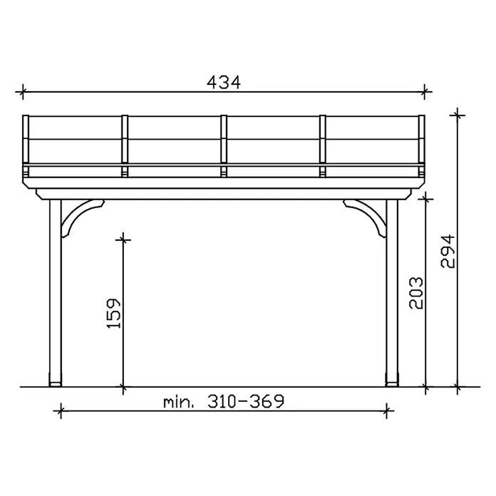 SKAN HOLZ Terrassenüberdachung Verona - B x T: 434 x 239 cm, Weiß, Polycarbonat, Transparent - Technische Zeichnung: Eine bemaßte erhöhte Plattform mit Geländer und Stützbeinen.