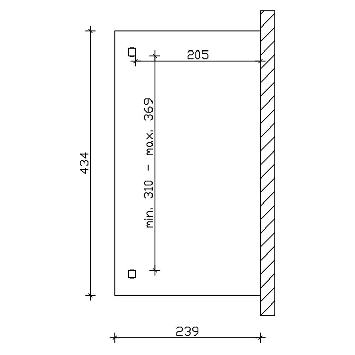 SKAN HOLZ Terrassenüberdachung Verona - B x T: 434 x 239 cm, Weiß, Polycarbonat, Transparent - Technische Zeichnung mit Montagemaßen für Wandinstallation, inklusive Gesamtgröße und Befestigungspunkten.