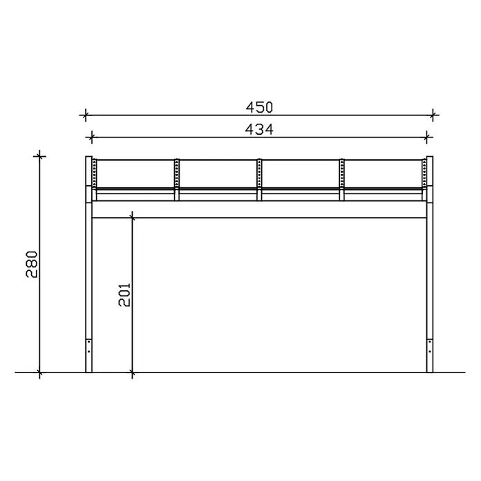 SKAN HOLZ Terrassenüberdachung Novara - B x T: 450 x 309 cm, Schiefergrau, Polycarbonat, Transparent - Hochbettgestell mit Maßen: Höhe 280, Liegefläche 201, Breite 450, Innenbreite 434.