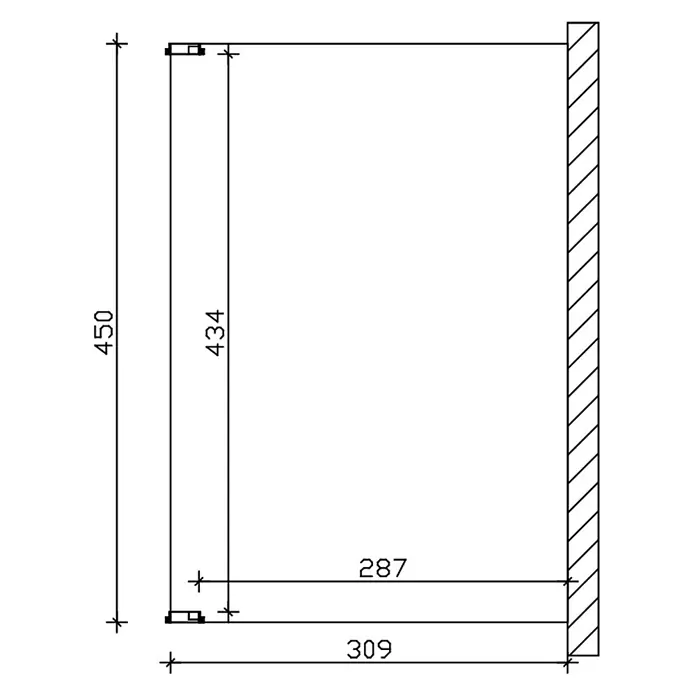 SKAN HOLZ Terrassenüberdachung Novara - B x T: 450 x 309 cm, Schiefergrau, Polycarbonat, Transparent - Technische Zeichnung einer wandmontierten Regalhalterung mit Höhen- und Tiefenmaßen.