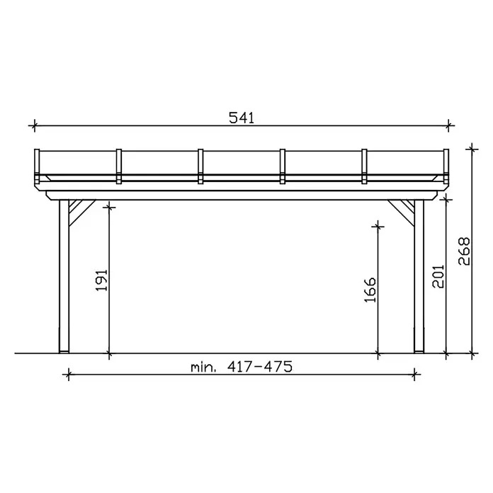 SKAN HOLZ Terrassenüberdachung Sanremo - B x T: 541 x 250 cm, Weiß, Polycarbonat, Transparent - Technische Zeichnung einer Außenstruktur, möglicherweise eines Carports oder einer Pergola, mit Hauptmaßen und Freiräumen.