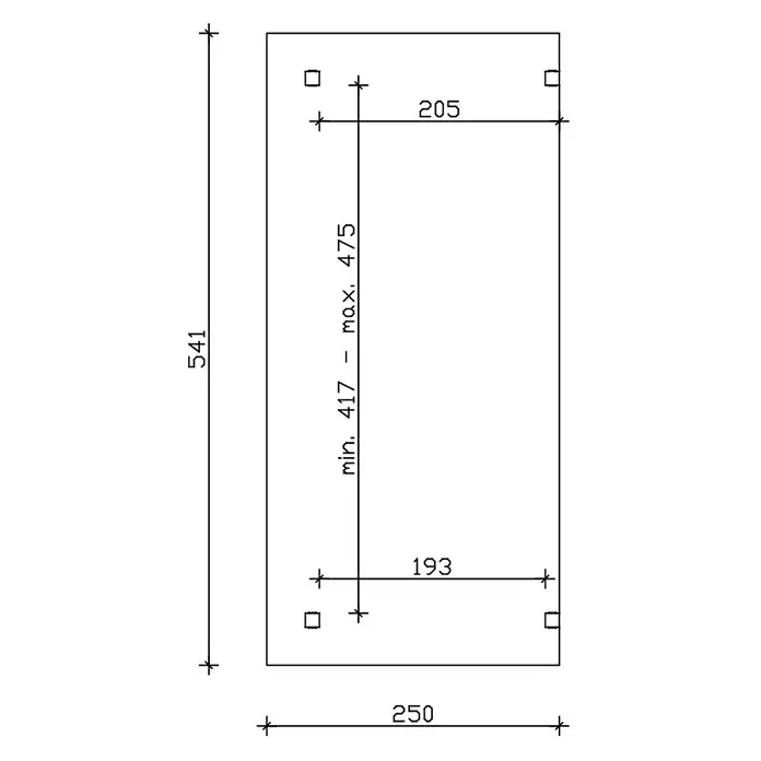 SKAN HOLZ Terrassenüberdachung Sanremo - B x T: 541 x 250 cm, Weiß, Polycarbonat, Transparent - Technische Zeichnung eines rechteckigen Bauteils mit vier Ecklöchern. Maße: 250 Breite, 541 Höhe, interner Lochabstand 205, 193 und variabel 417-475.