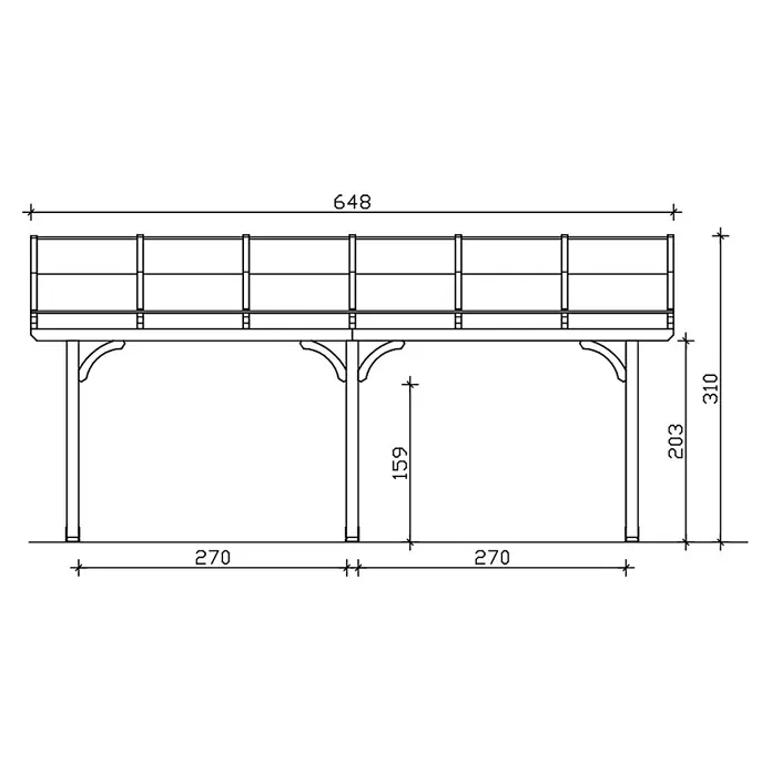 SKAN HOLZ Terrassenüberdachung Venezia - B x T: 648 x 389 cm, Schiefergrau, Polycarbonat, Transparent - Technische Zeichnung einer Holzterrasse mit Geländer und Stützpfosten, inklusive Maße.