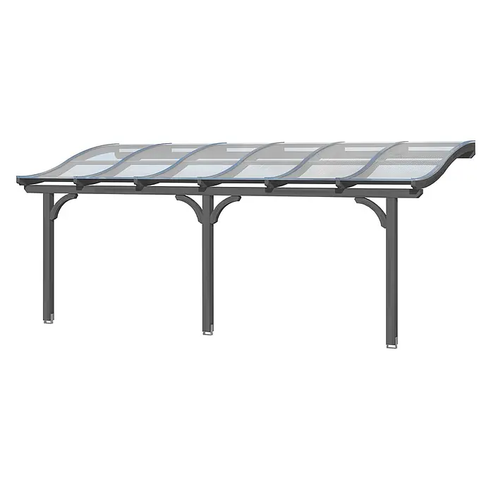 SKAN HOLZ Terrassenüberdachung Venezia - B x T: 648 x 389 cm, Schiefergrau, Polycarbonat, Transparent - Dunkelgraues Metallrahmen-Vordach mit gewölbtem, lichtdurchlässigem Wellendach, auf vier Pfosten gestützt.