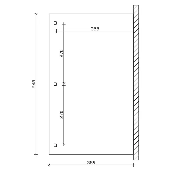 SKAN HOLZ Terrassenüberdachung Venezia - B x T: 648 x 389 cm, Schiefergrau, Polycarbonat, Transparent - Technische Zeichnung einer rechteckigen Platte mit drei quadratischen Befestigungslöchern links, an einer Wand montiert dargestellt.
