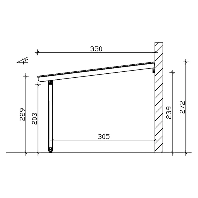 SKAN HOLZ Terrassenüberdachung Rimini - B x T: 434 x 350 cm, Natur, Polycarbonat, Transparent - Technische Zeichnung eines Pultdachs mit Stützpfosten, an einer Wand befestigt, mit Maßen und einer Neigung von 7 Grad.