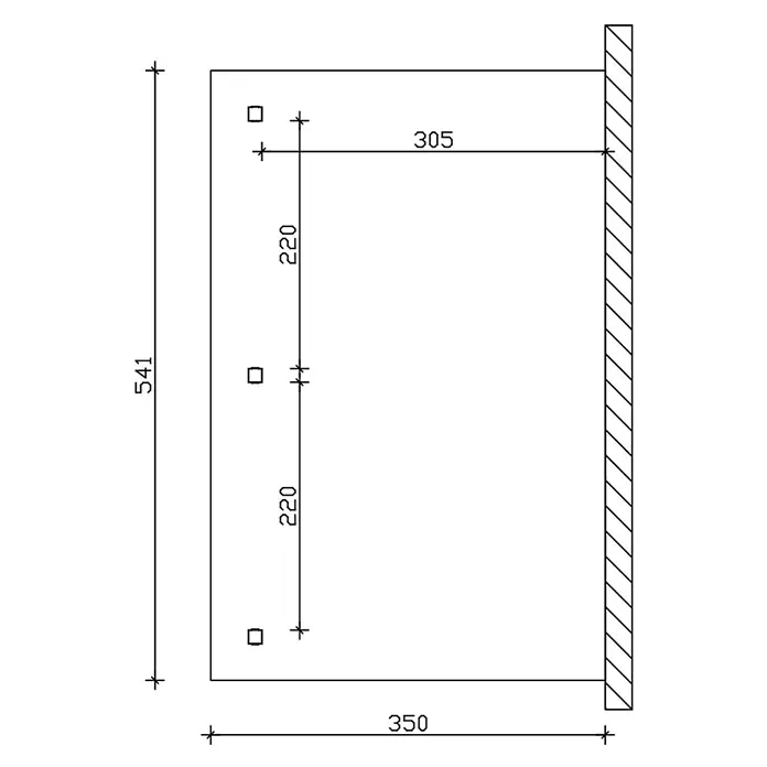 SKAN HOLZ Terrassenüberdachung Rimini - B x T: 541 x 350 cm, Nussbaum, Polycarbonat, Transparent - Installationsplan mit Maßen für drei quadratische Halterungen, 541x350, an einer vertikalen Fläche.
