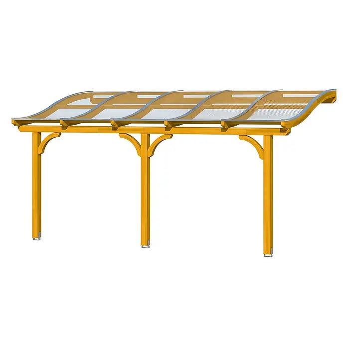 SKAN HOLZ Terrassenüberdachung Venezia - B x T: 541 x 389 cm, Eiche hell, Polycarbonat, Transparent - Goldene Holzpergola mit gekrümmtem, transparentem Wellblechdach und vier Stützpfosten.
