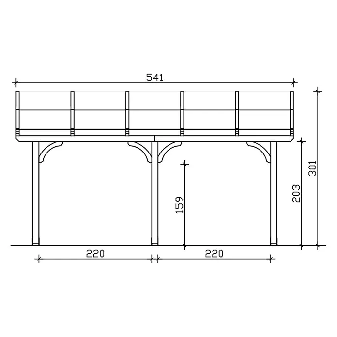SKAN HOLZ Terrassenüberdachung Venezia - B x T: 541 x 339 cm, Natur, Polycarbonat, Transparent - Technische Zeichnung einer erhöhten Plattform mit Geländer und Stützpfosten, inklusive Hauptmaßen.