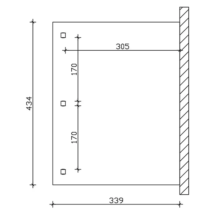 SKAN HOLZ Terrassenüberdachung Venezia - B x T: 434 x 339 cm, Eiche hell, Polycarbonat, Transparent - Technische Zeichnung einer Platte mit Maßen 434x339, drei Befestigungslöchern links, 170mm Abstand und 305mm von rechter Kante.