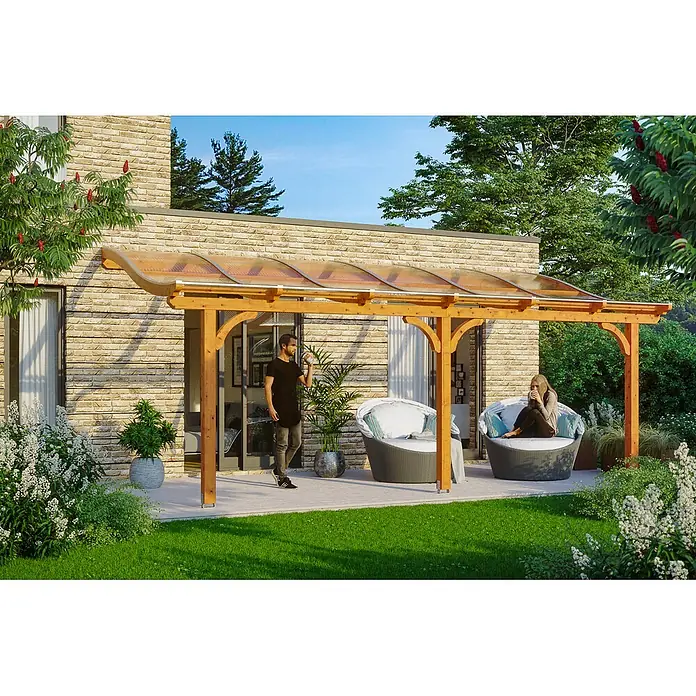 SKAN HOLZ Terrassenüberdachung Venezia - B x T: 648 x 389 cm, Eiche hell, Polycarbonat, Transparent - Hölzerne Terrassenüberdachung mit lichtdurchlässigem Dach am Haus, schattiert einen Sitzbereich im Freien.