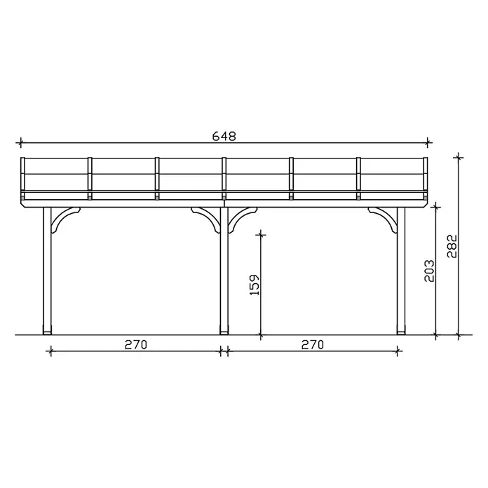 SKAN HOLZ Terrassenüberdachung Venezia - B x T: 648 x 239 cm, Eiche hell, Polycarbonat, Transparent - Technische Zeichnung einer erhöhten Holzplattform mit Geländer und Stützpfosten, bemaßt.