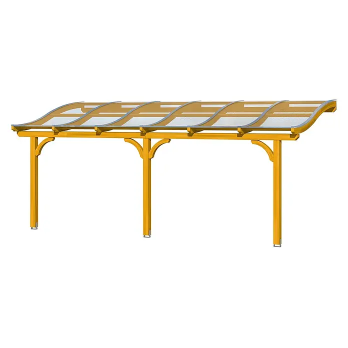 SKAN HOLZ Terrassenüberdachung Venezia - B x T: 648 x 389 cm, Eiche hell, Polycarbonat, Transparent - Hölzernes Carport mit gelbem Holzrahmen und transparentem, gewelltem Dach.