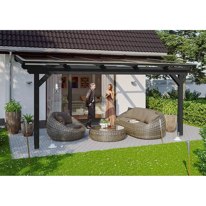 SKAN HOLZ Terrassenüberdachung Ancona - B x T: 541 x 350 cm, Anthrazit, Polycarbonat, Transparent - Dunkelgraue Terrassenüberdachung mit transparentem Dach am Haus, schafft einen Wohnbereich im Freien.