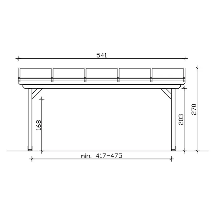 SKAN HOLZ Terrassenüberdachung Ancona - B x T: 541 x 250 cm, Natur, Polycarbonat, Transparent - Technische Zeichnung eines Holzcarports mit angegebenen Maßen.
