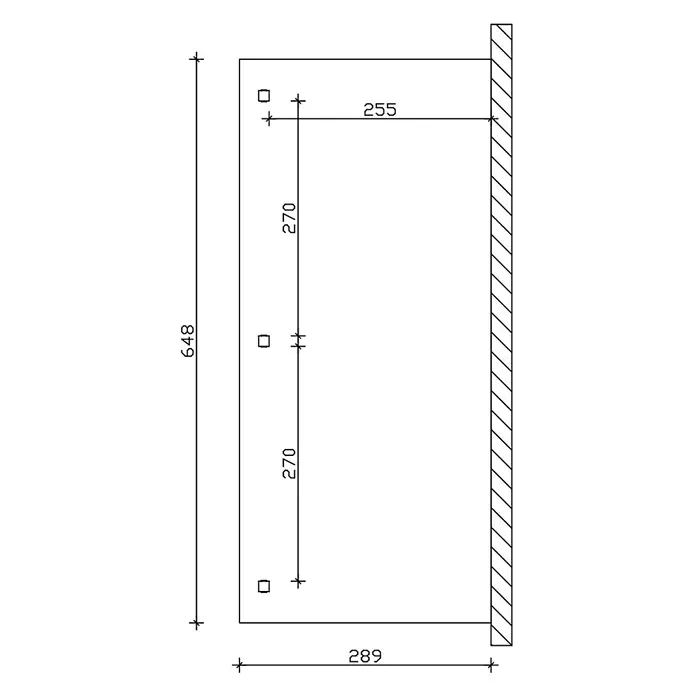 SKAN HOLZ Terrassenüberdachung Venezia - B x T: 648 x 289 cm, Weiß, Polycarbonat, Transparent - Technische Zeichnung einer rechteckigen Platte (648x289) mit drei quadratischen Befestigungslöchern und Maßen.