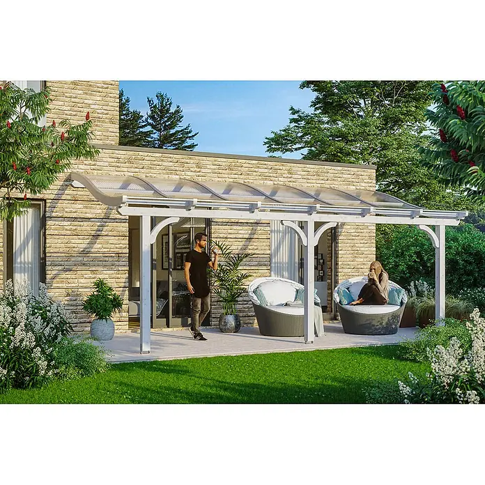 SKAN HOLZ Terrassenüberdachung Venezia - B x T: 648 x 289 cm, Weiß, Polycarbonat, Transparent - Weiße Pergola mit transluzentem Dach schafft einen schattigen Außenwohnbereich.