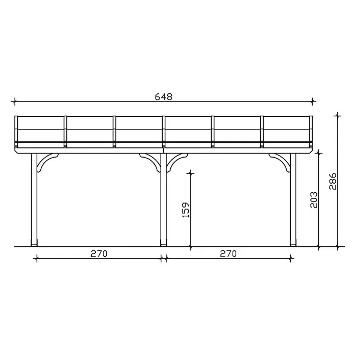 SKAN HOLZ Terrassenüberdachung Venezia - B x T: 648 x 289 cm, Weiß, Polycarbonat, Transparent - Technische Zeichnung einer erhöhten Plattform oder eines Gehwegs mit Geländer, von Pfosten gestützt, mit detaillierten Maßen.