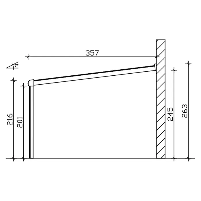 SKAN HOLZ Terrassenüberdachung Garda - B x T: 648 x 357 cm, Anthrazit, Polycarbonat, Transparent - Technische Zeichnung eines geneigten Stützarmmechanismus mit Längen-, Höhenangaben und einem Neigungswinkel von 7 Grad.
