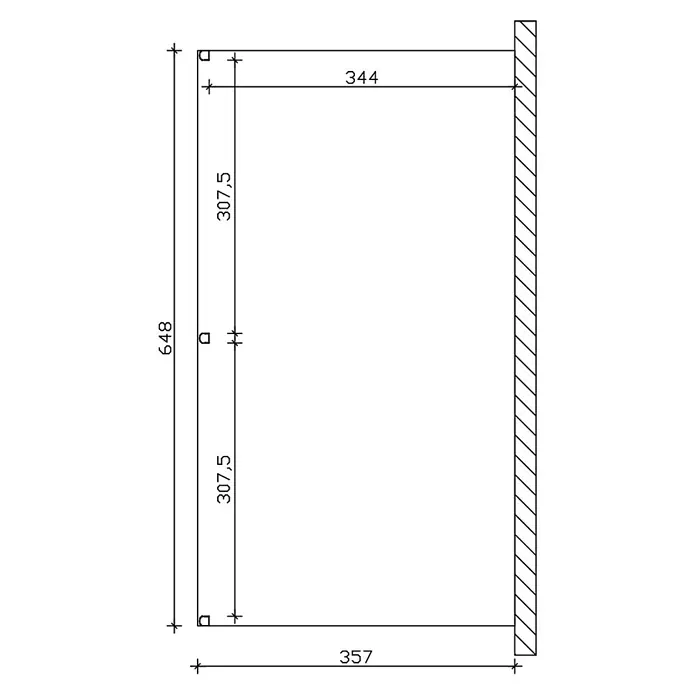 SKAN HOLZ Terrassenüberdachung Garda - B x T: 648 x 357 cm, Anthrazit, Polycarbonat, Transparent - Technische Zeichnung einer rechteckigen Struktur mit Maßen: Höhe 648, obere Breite 344, untere Breite 357 und zwei vertikale Abschnitte 307,5.