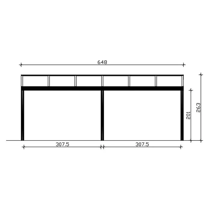 SKAN HOLZ Terrassenüberdachung Garda - B x T: 648 x 357 cm, Anthrazit, Polycarbonat, Transparent - Bemaßte technische Zeichnung eines schwarzen Mehrfachablage-Regals, 648 Einheiten breit und 263 Einheiten hoch.