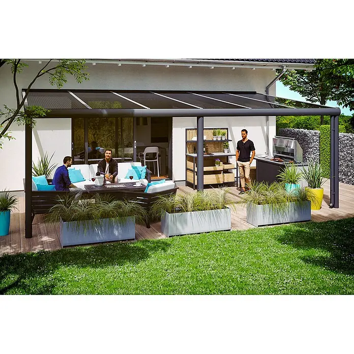 SKAN HOLZ Terrassenüberdachung Garda - B x T: 648 x 357 cm, Anthrazit, Polycarbonat, Transparent - Moderne dunkle Terrassenüberdachung mit lichtdurchlässigem Dach, am Haus befestigt, überdacht Sitz- und Grillbereich.