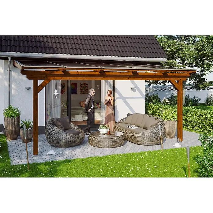 SKAN HOLZ Terrassenüberdachung Ancona - B x T: 541 x 250 cm, Nussbaum, Polycarbonat, Transparent - Dunkelbraune Holz-Pergola mit transparenter Bedachung über einer Terrassen-Sitzgruppe.