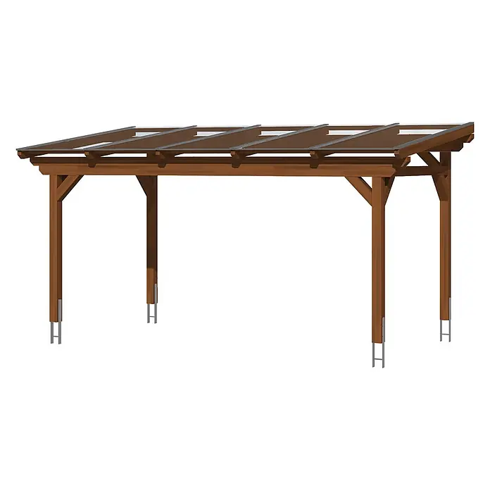 SKAN HOLZ Terrassenüberdachung Sanremo - B x T: 541 x 400 cm, Nussbaum, Polycarbonat, Transparent - Braune Holzpergola mit durchsichtigen Dachplatten und Metallpfostenankern.