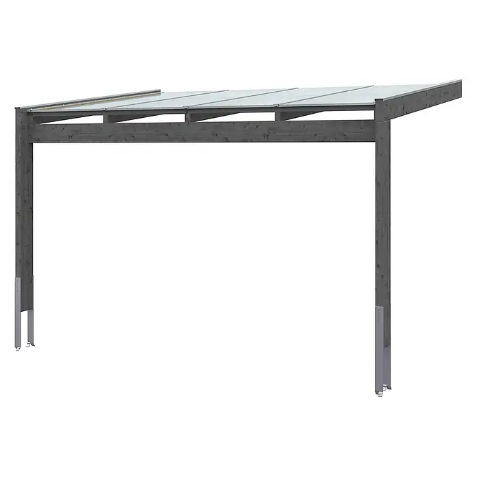 SKAN HOLZ Terrassenüberdachung Novara - B x T: 450 x 309 cm, Schiefergrau, Polycarbonat, Transparent - Dunkelgraues Holz-Carportgestell mit lichtdurchlässigem Dach und Metallpfostenankern, für den Außenschutz konzipiert.