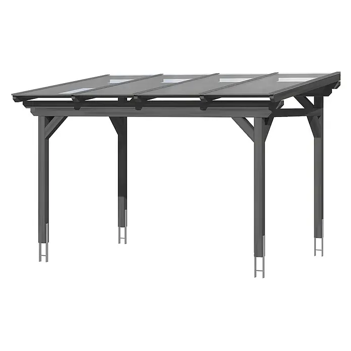 SKAN HOLZ Terrassenüberdachung Sanremo - B x T: 434 x 400 cm, Schiefergrau, Polycarbonat, Transparent - Dunkelgraue Pergola mit lichtdurchlässigem Dach und Metallpfostenankern.
