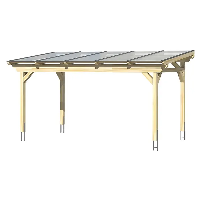 SKAN HOLZ Terrassenüberdachung Sanremo - B x T: 541 x 400 cm, Natur, Polycarbonat, Transparent - Anlehnpergola aus hellem Holz mit transparenten Dachplatten, getragen von vier Pfosten mit Metallankern.