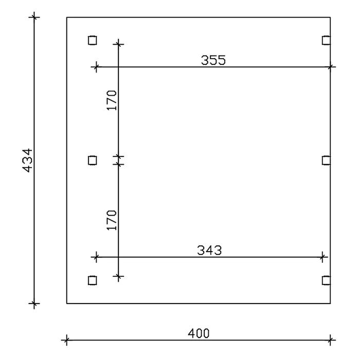 SKAN HOLZ Terrassenüberdachung Siena - B x T: 434 x 400 cm, Natur, Polycarbonat, Transparent - Technische Zeichnung einer rechteckigen Platte (400x434 Einheiten) mit sechs quadratischen Löchern und Bemaßung.
